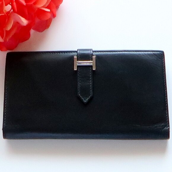 Hermès Béarn Black Leather H Buckle Long Wallet Bifold Luxury French Designer - Picture 1 of 15